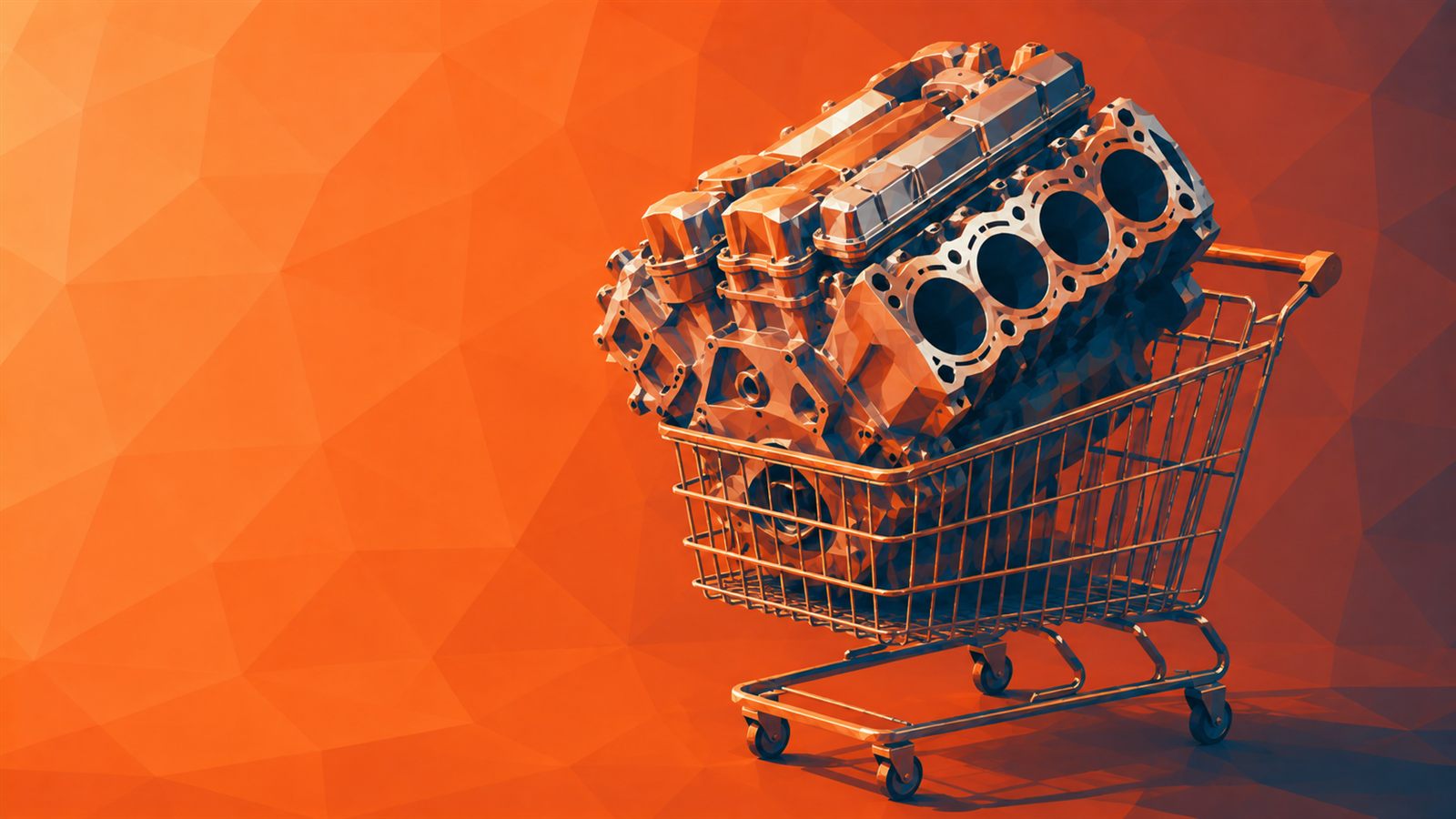 a huge engine sitting in a supermarket trolley.