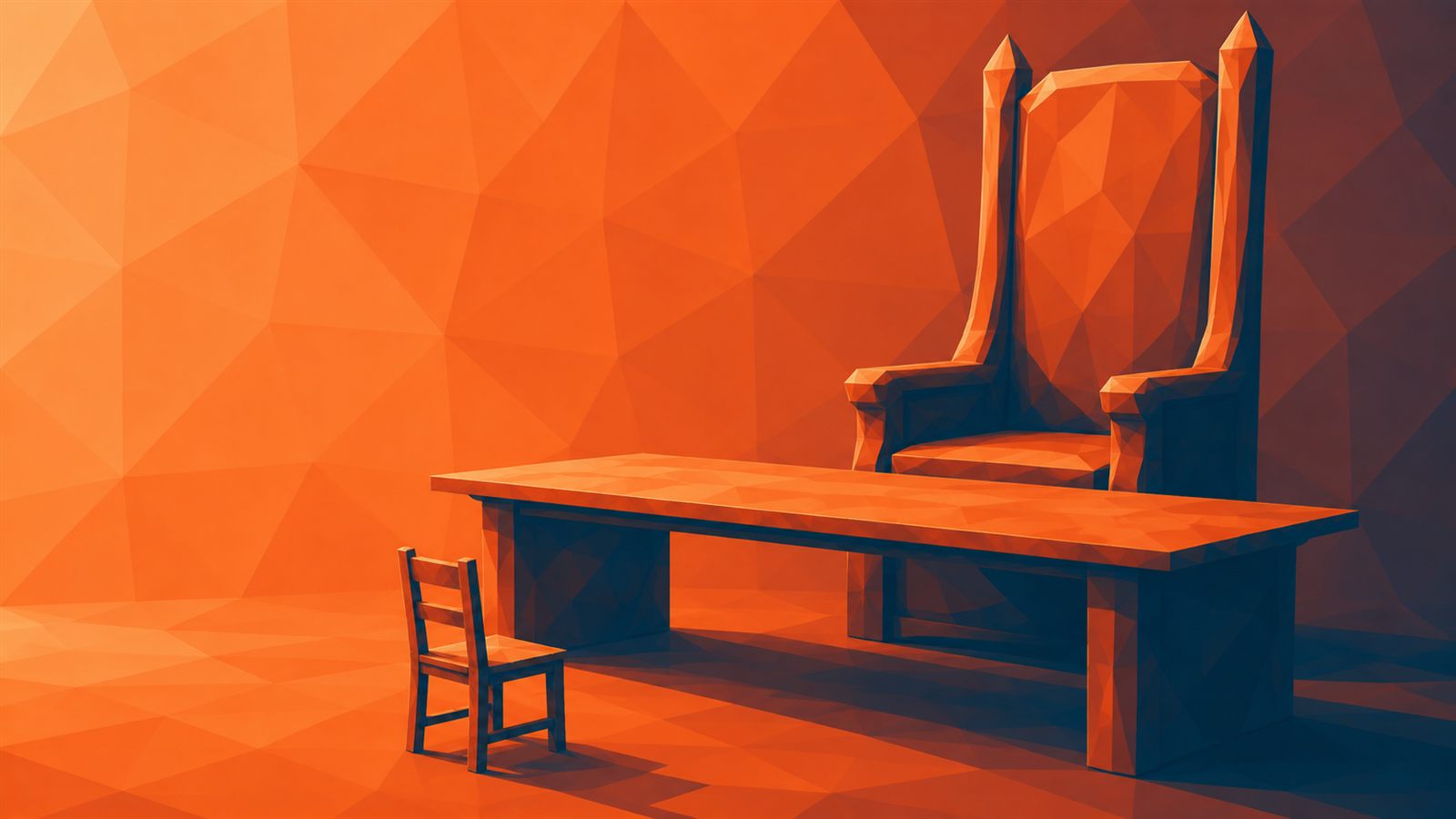 a small chair facing an enormous chair across a table.