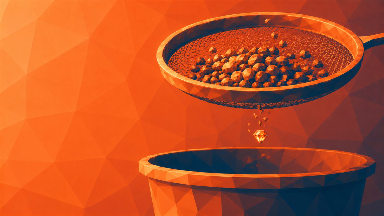 a gemstone falling through a sieve into a bin.