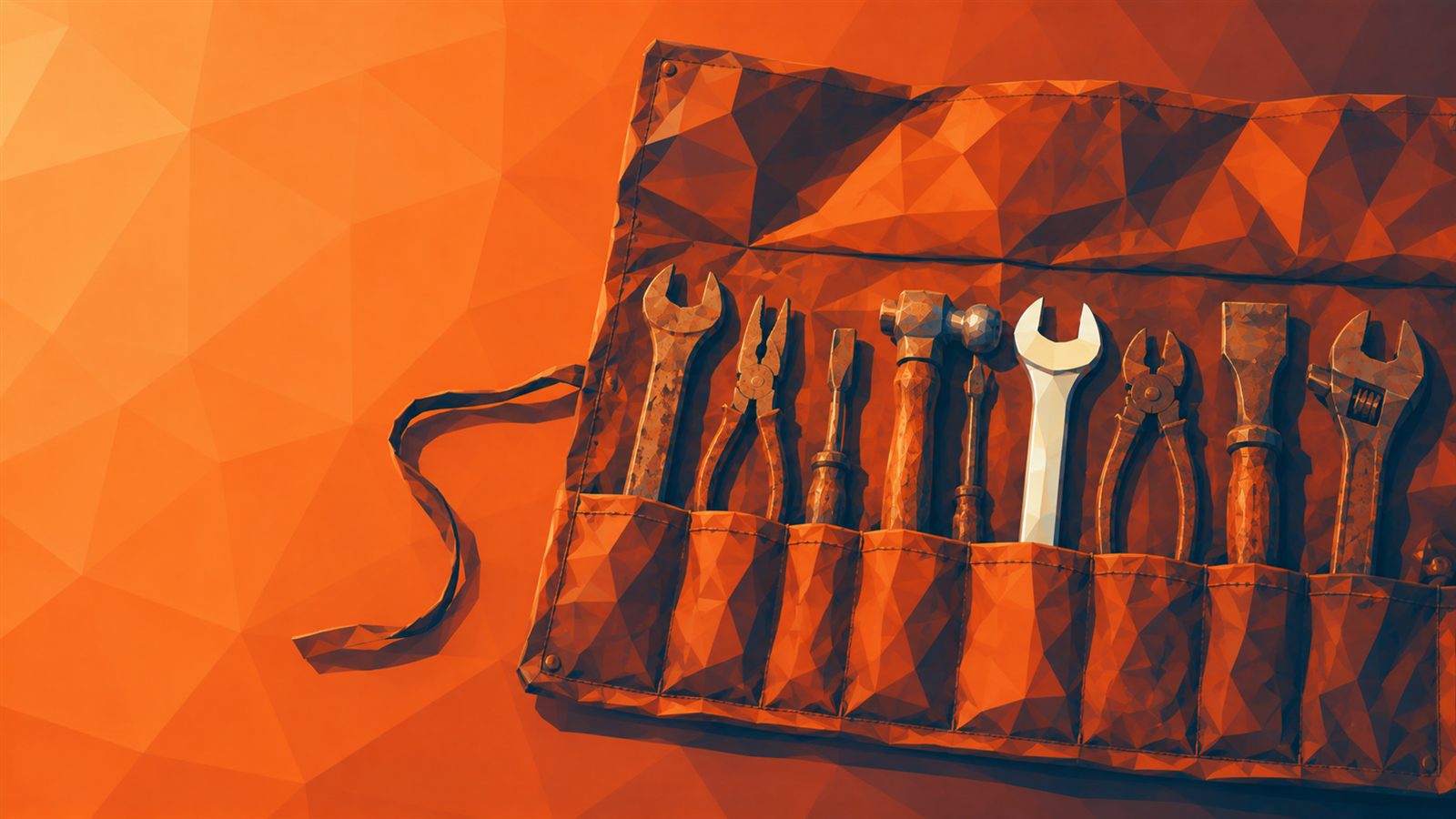 an opened tool roll of worn tools with one new tool.
