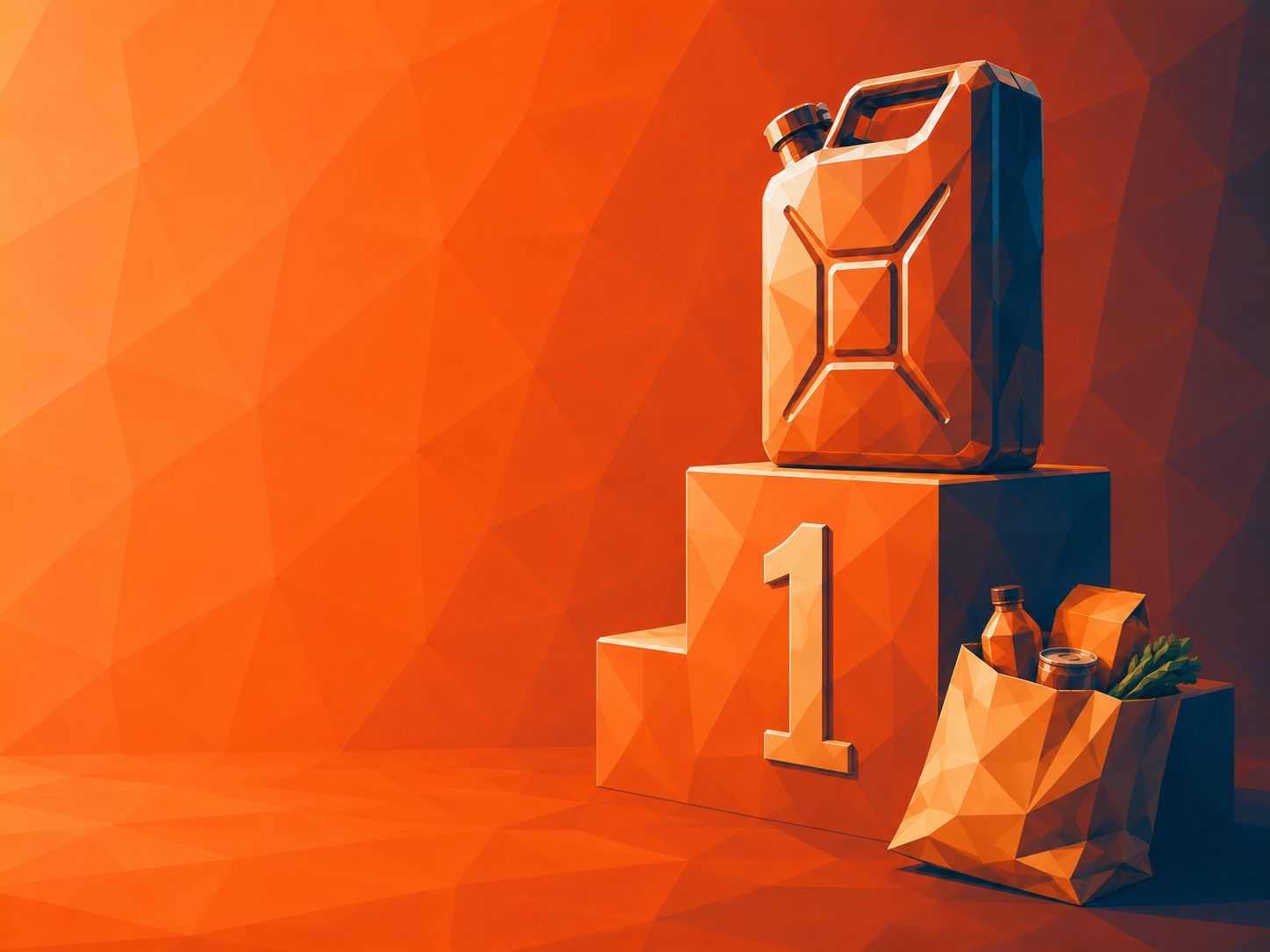 a fuel can on a winner's podium beside a bag of shopping.