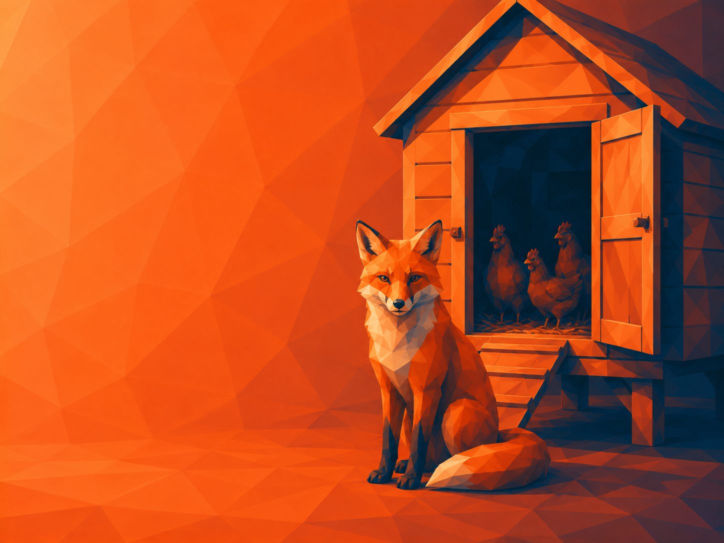 a fox sitting outside an open hen house door.
