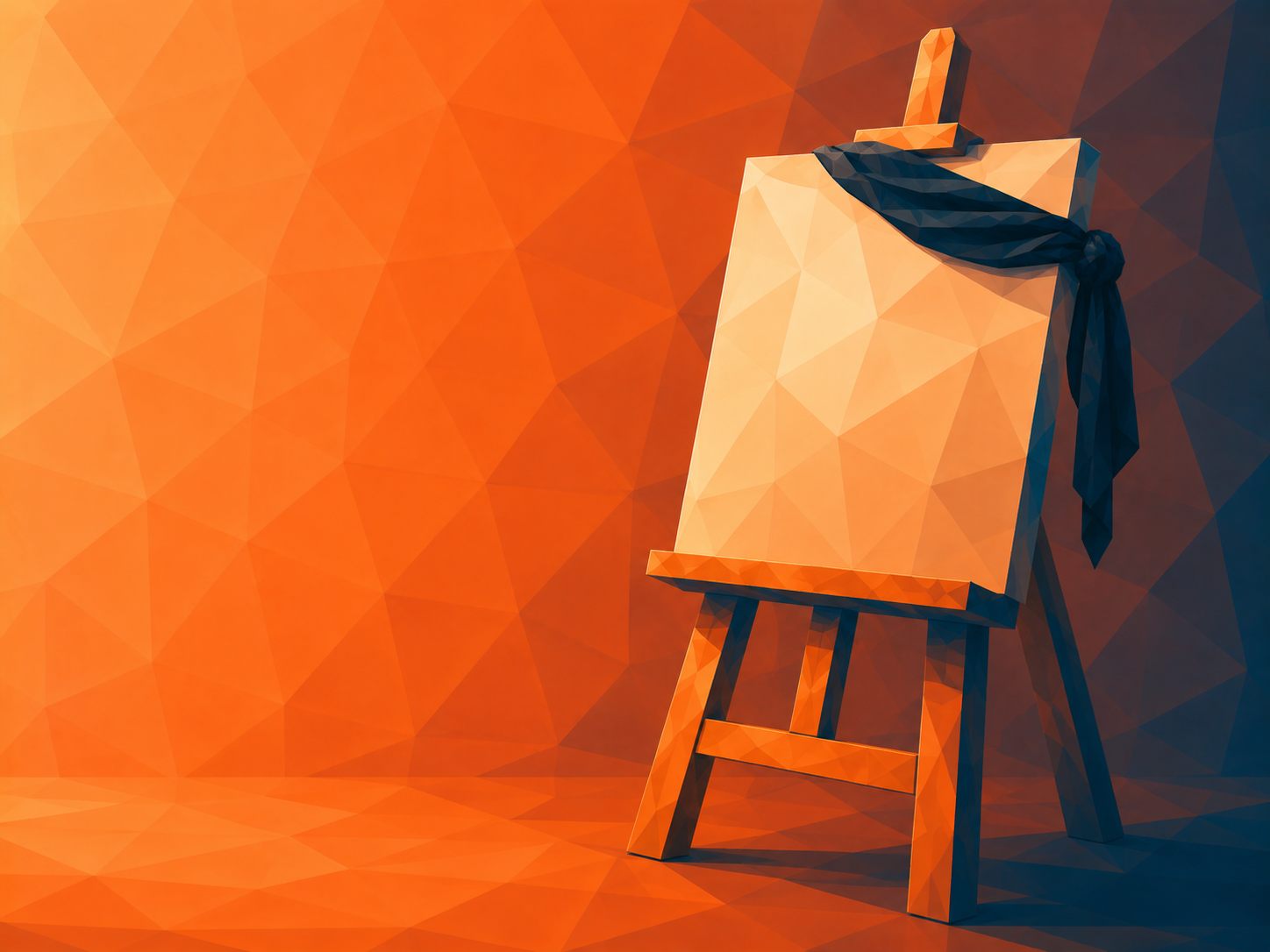 an easel holding a canvas with a blindfold on the frame.